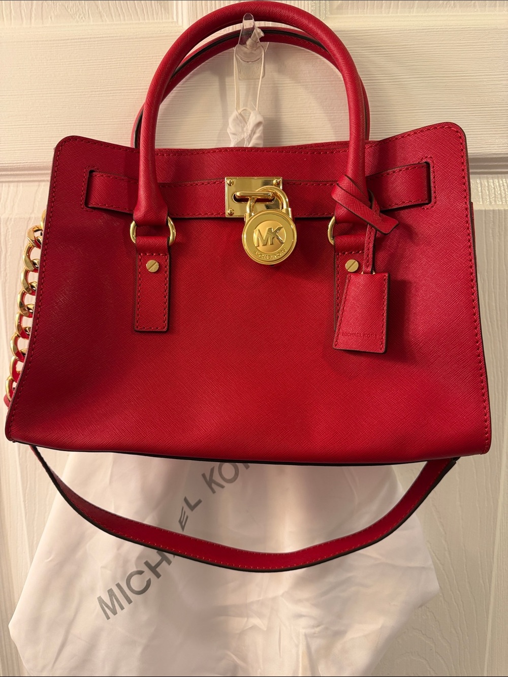 Michael Kors Red Saffiano Satchel with Gold Lock & Chain